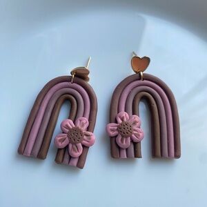 Pink & Brown Rainbow Flower Drop Earrings — Lightweight Polymer Clay